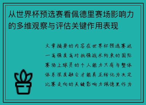 从世界杯预选赛看佩德里赛场影响力的多维观察与评估关键作用表现